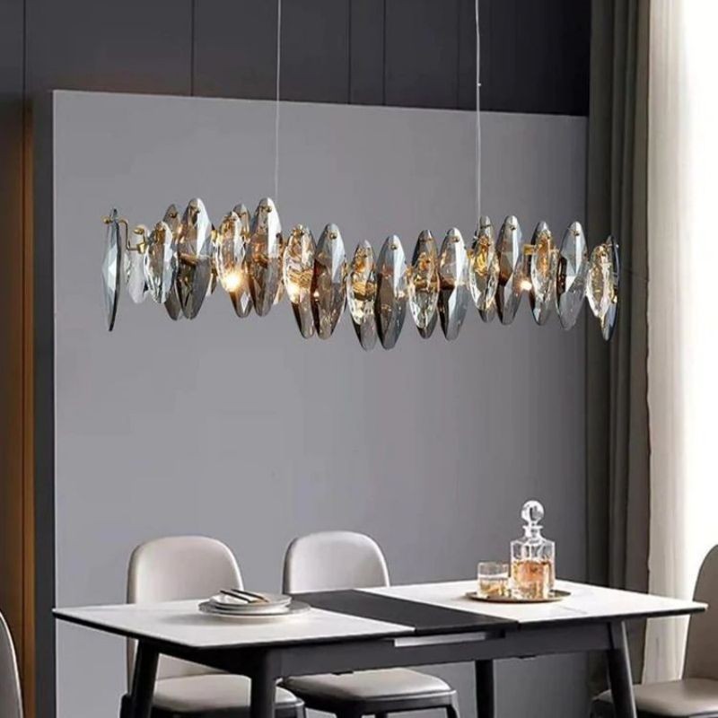 Elongated Polished Steel and Crystal Linear Chandelier