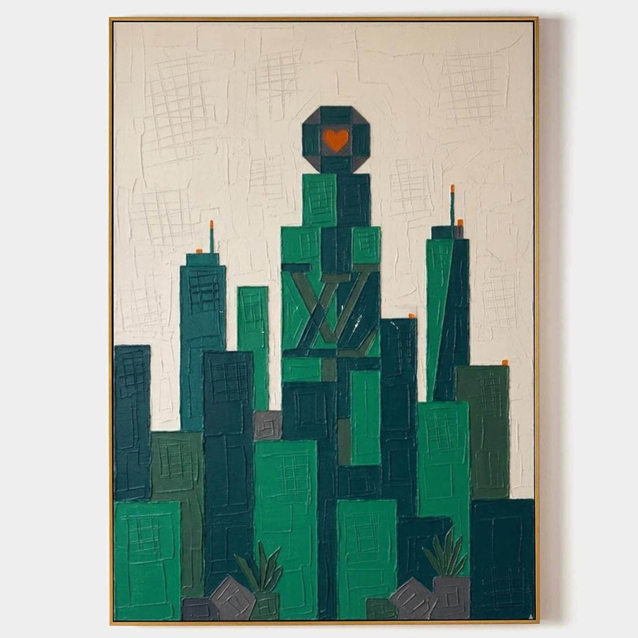 Emerald Skyline with Orange Heart