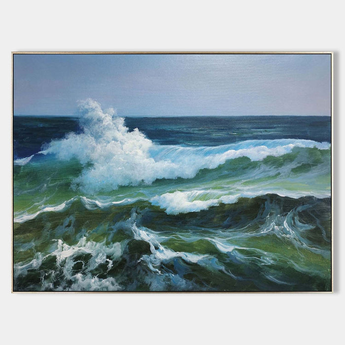 Emerald Surf Breaking Under Pale Sky
