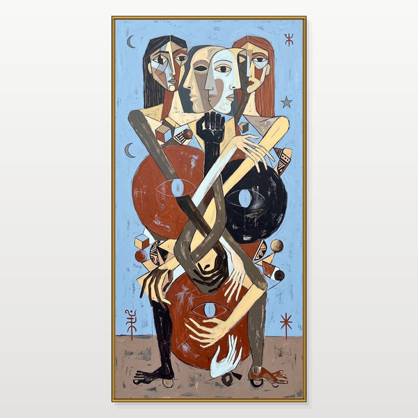 Entwined Figures Under Crescent Moons