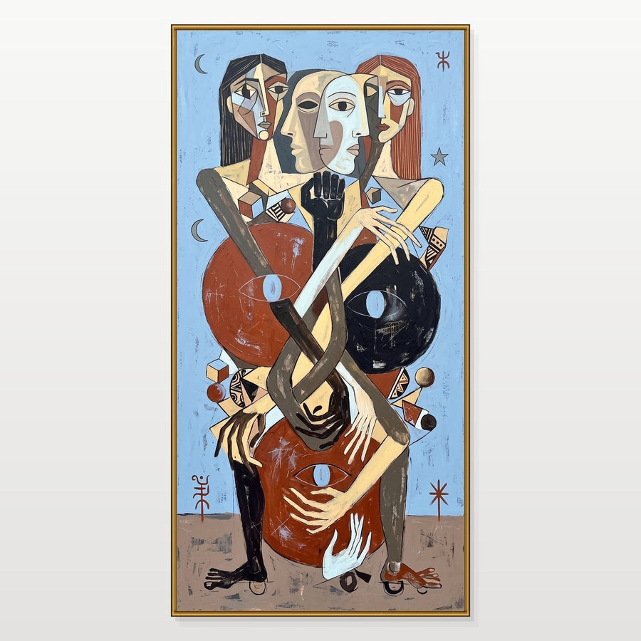 Entwined Figures Under Crescent Moons
