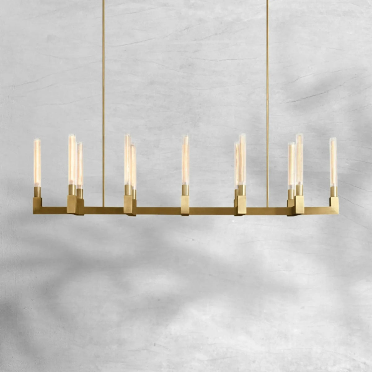 Extended Angular Brass Chandelier with Ribbed Glass Shades