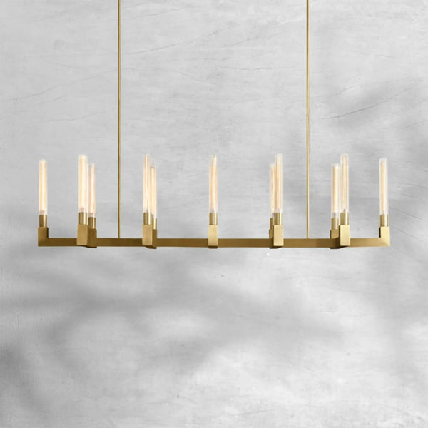 Extended Angular Brass Chandelier with Ribbed Glass Shades