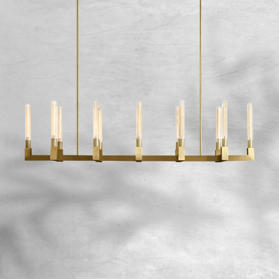 Extended Angular Brass Chandelier with Ribbed Glass Shades