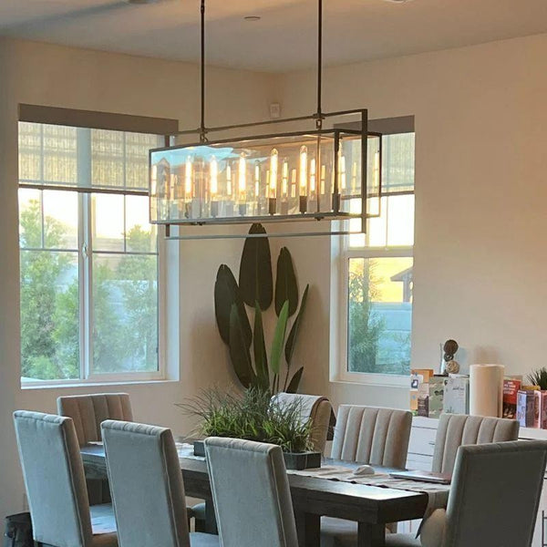 Extended Clear Glass Volume Steel Lantern Chandelier