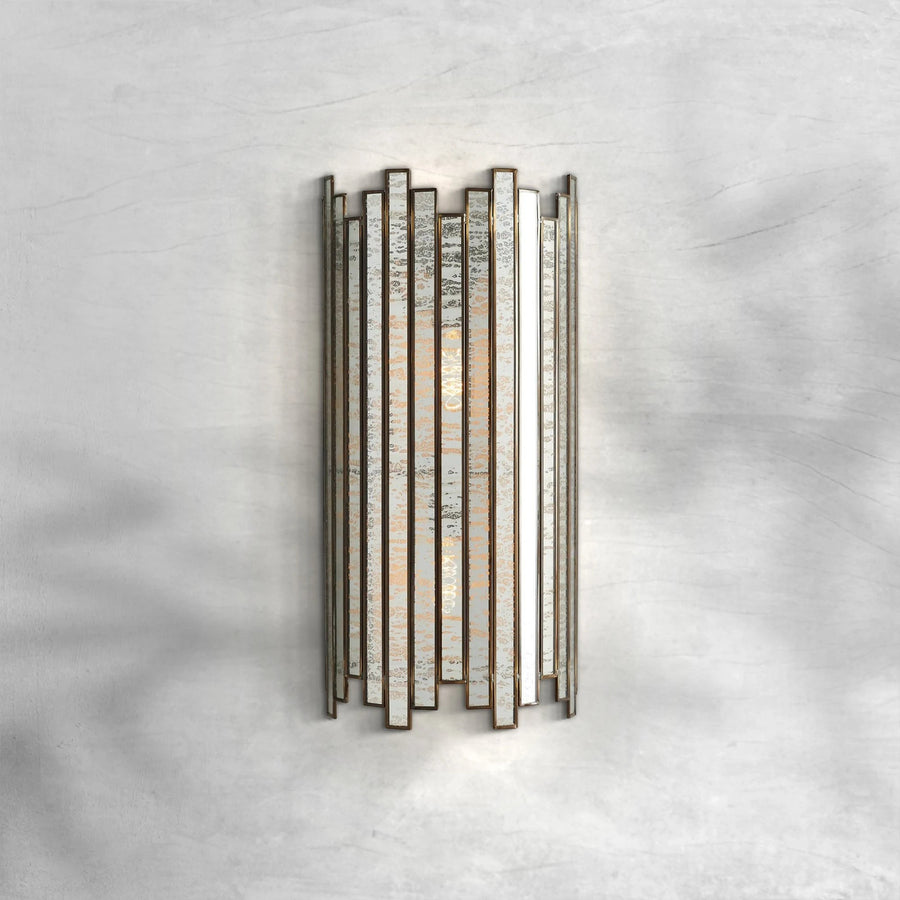Faceted Antiqued Mirror and Copper Wall Sconce
