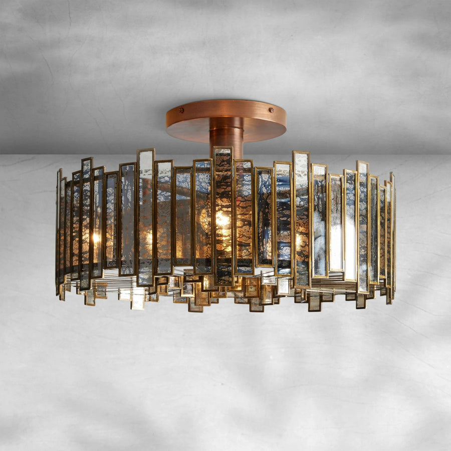 Faceted Antiqued Mirror Glass Cluster Flush Mount