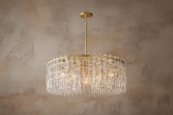 Faceted Crystal Bar Brass Drum Chandelier