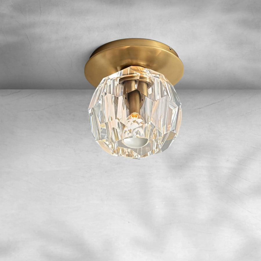 Faceted Crystal Globe and Brass Flush Mount