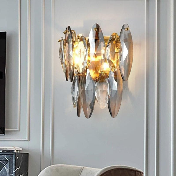 Faceted Hand-Cut Crystal and Steel Wall Sconce