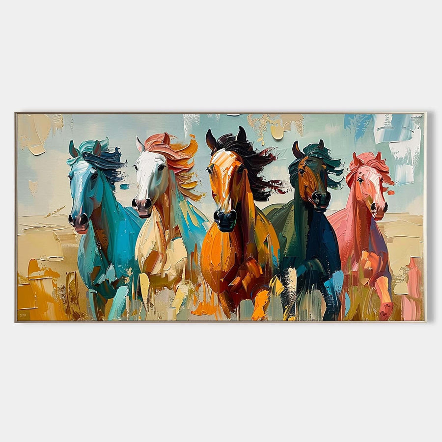 Five Colorful Horses in Full Gallop