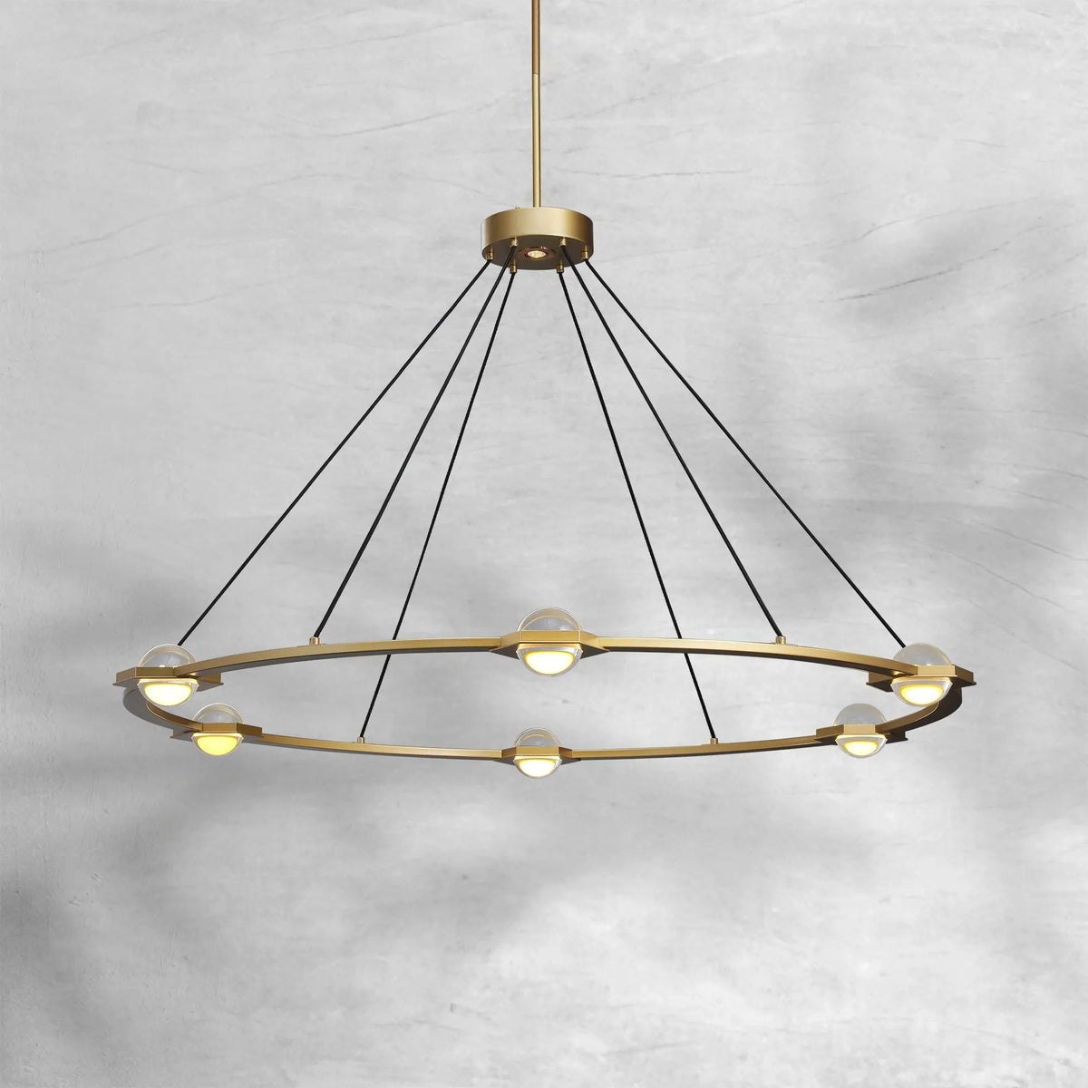 Flat Round Brass Chandelier with Crystal Orbs