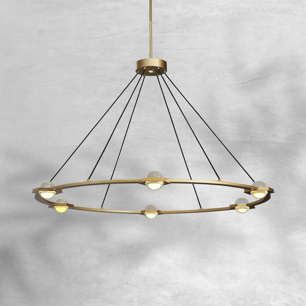 Flat Round Brass Chandelier with Crystal Orbs