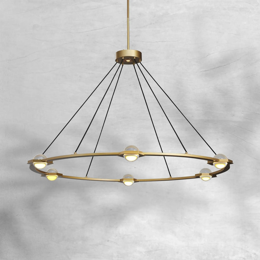 Flat Round Brass Chandelier with Crystal Orbs