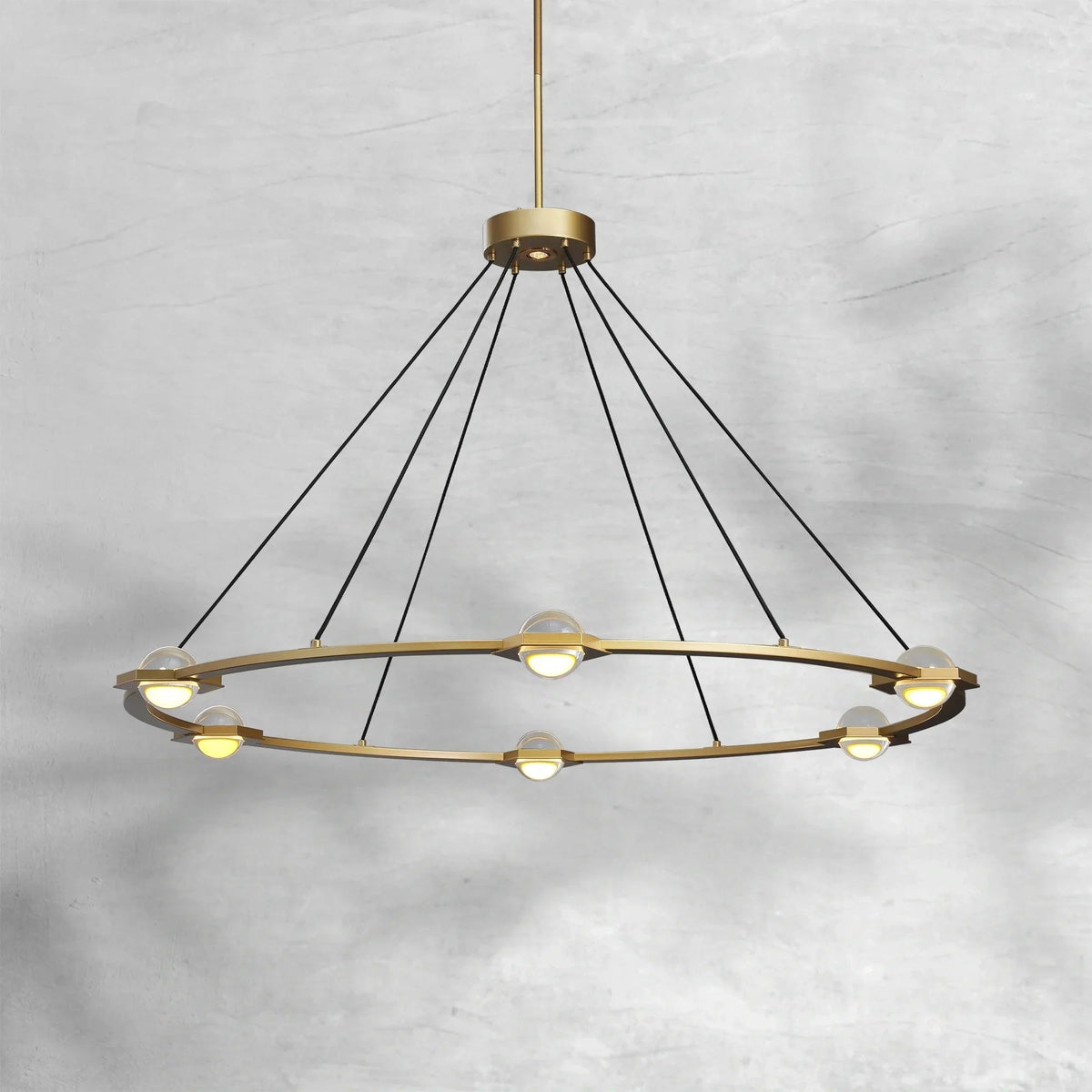 Flat Round Brass Chandelier with Glass Orb Grid