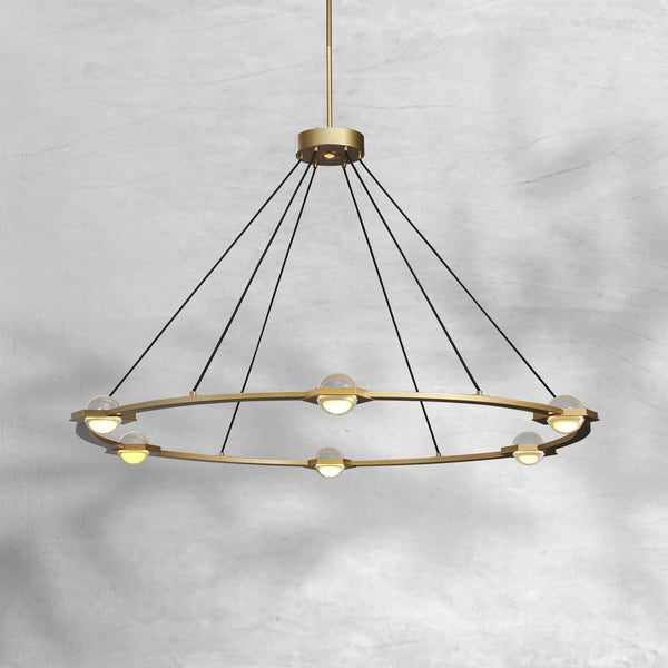 Flat Round Brass Chandelier with Glass Orb Grid