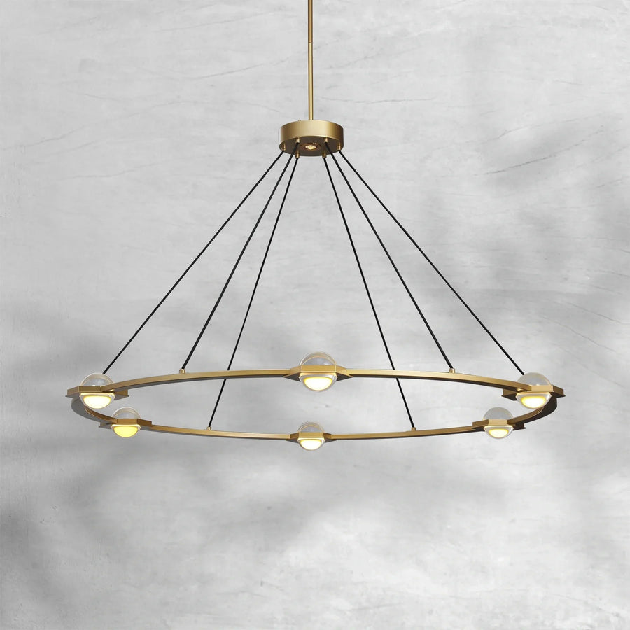 Flat Round Brass Chandelier with Glass Orb Grid