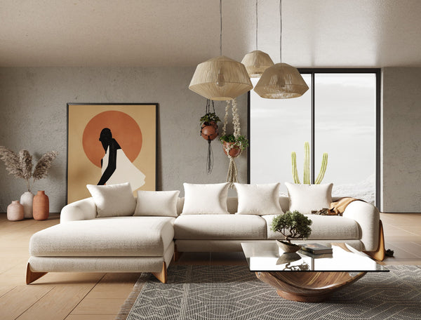 Sofá moderno: sofá modular de felpa con chaise longue y base de madera