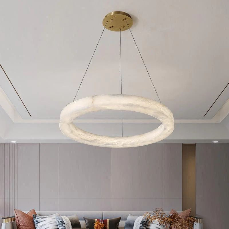 Floating Alabaster Ring Chandelier with Leather Straps