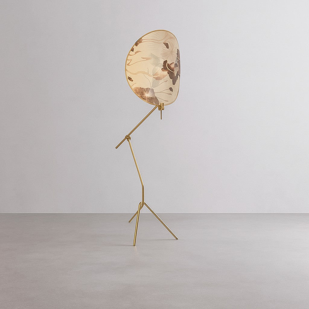 Floral Fabric Shade Brass Stem Floor Lamp
