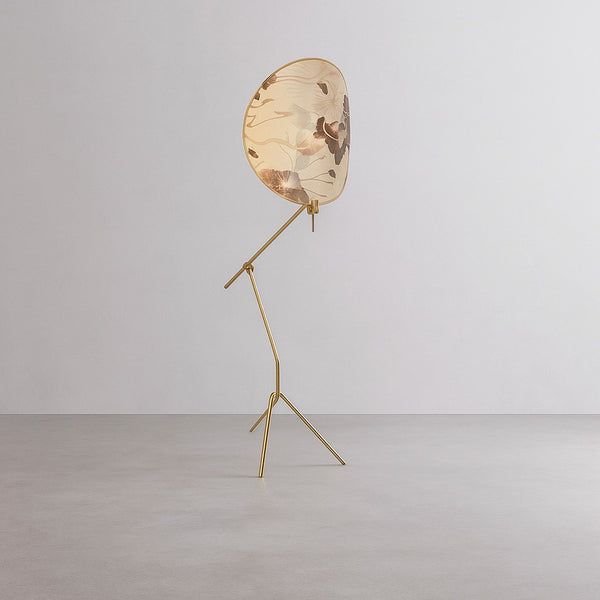 Floral Fabric Shade Brass Stem Floor Lamp