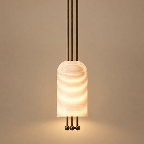 Fluted Biscuit Ceramic Lantern Pendant with Copper Stem