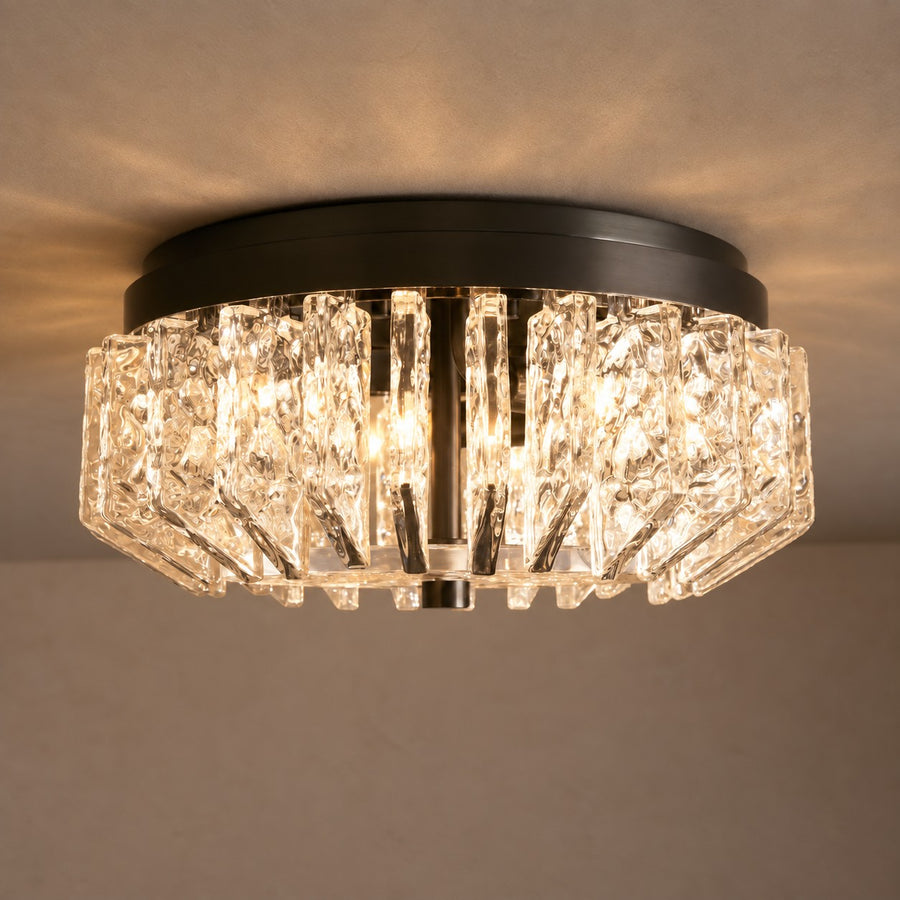 Fluted Glass Drum Flush Mount with Matte Black Frame