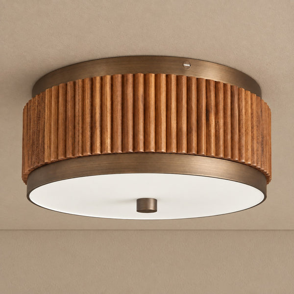 Fluted Wood Drum Flush Mount with Brass Rim