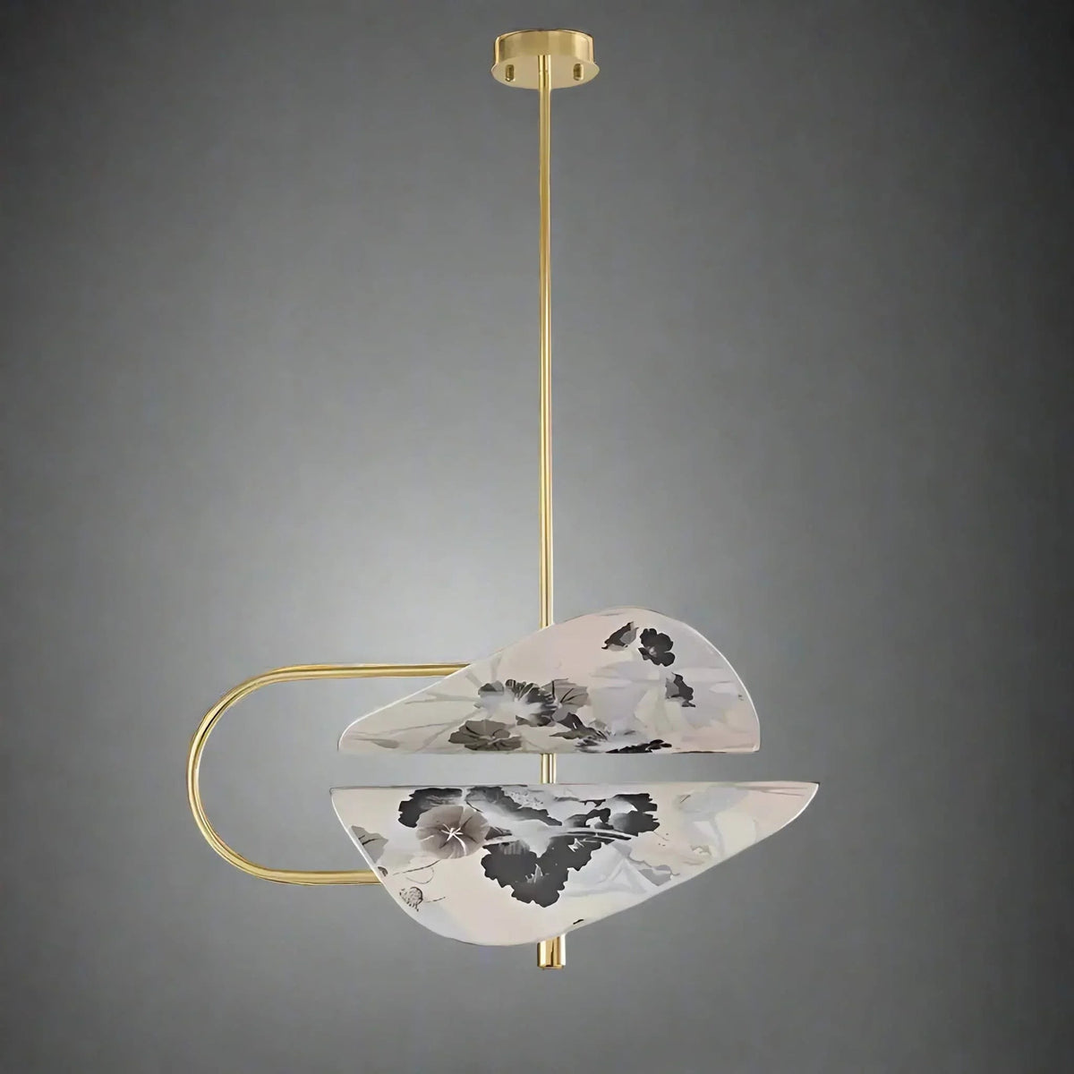 Folded White Botanical Fabric and Brushed Brass Pendant