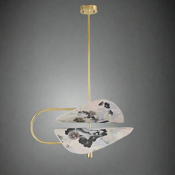 Folded White Botanical Fabric and Brushed Brass Pendant