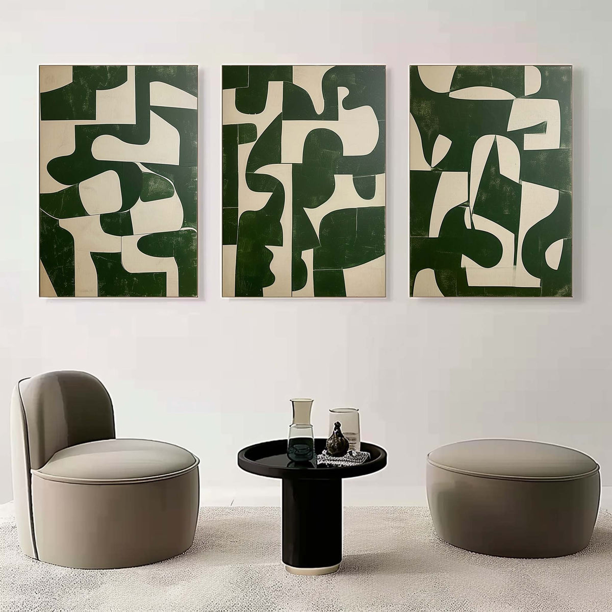 Forest Green Interlocking Forms Triptych