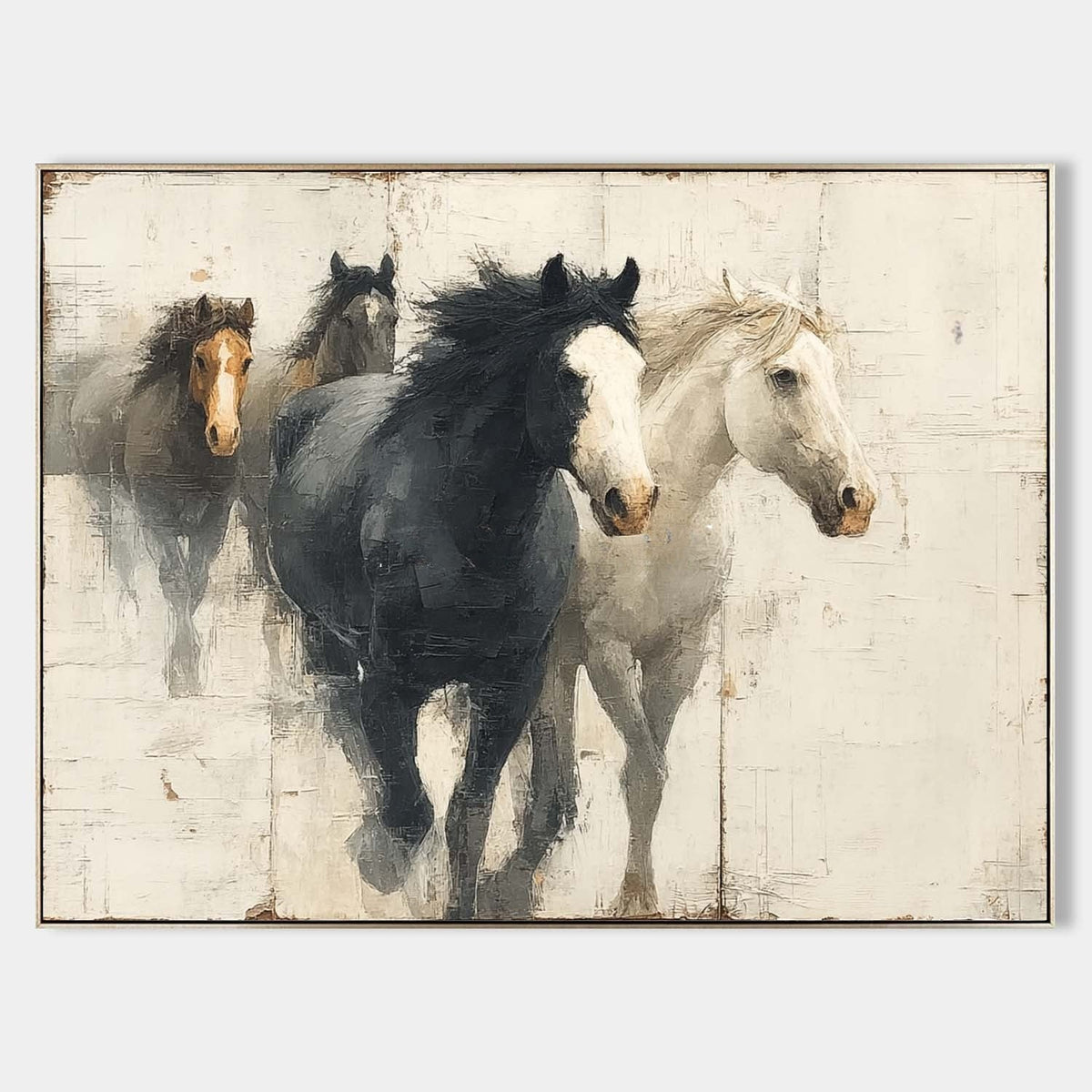 Four Horses Running Through Ivory Mist