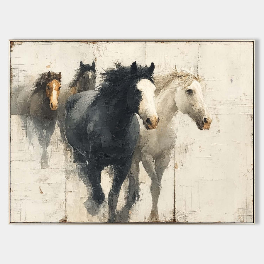 Four Horses Running Through Ivory Mist