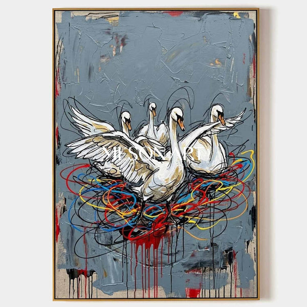 Four White Swans in Color Swirls