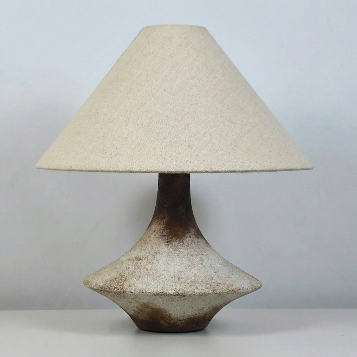 Frosted Brown Earthenware Table Lamp with Linen Shade