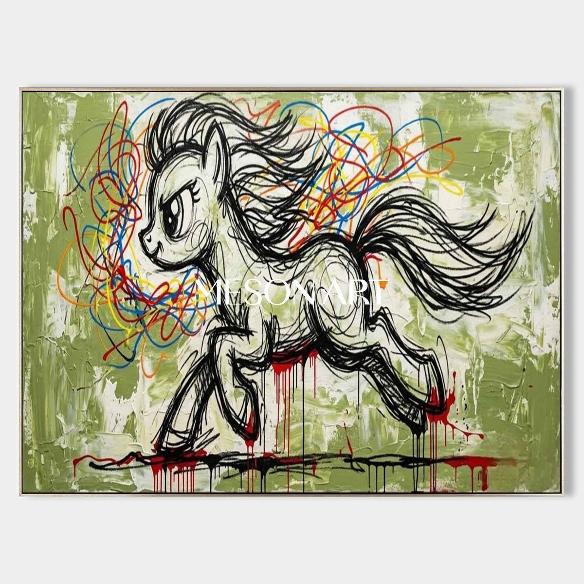 Galloping Sketch Pony on Olive Green