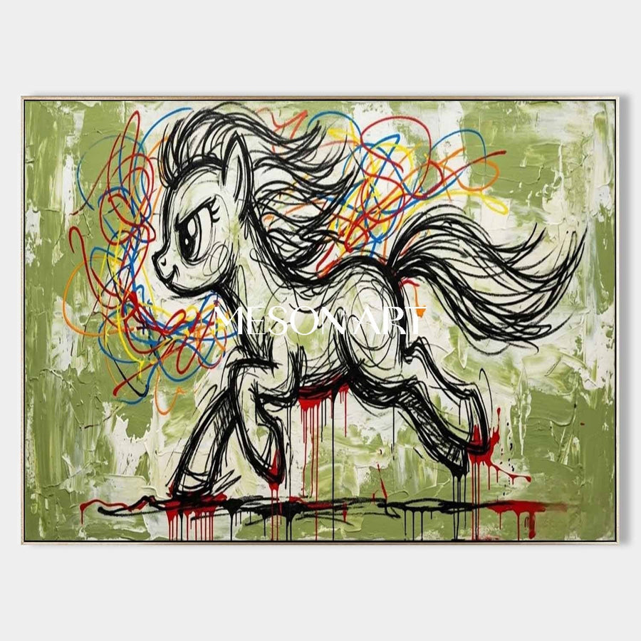 Galloping Sketch Pony on Olive Green