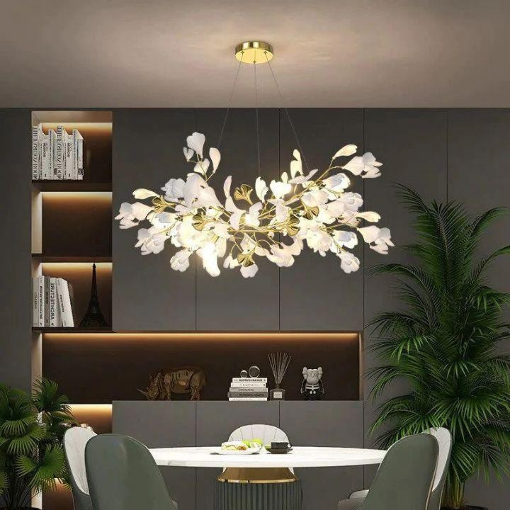 Gilded Copper Branch Ceramic Ginkgo Leaf Chandelier