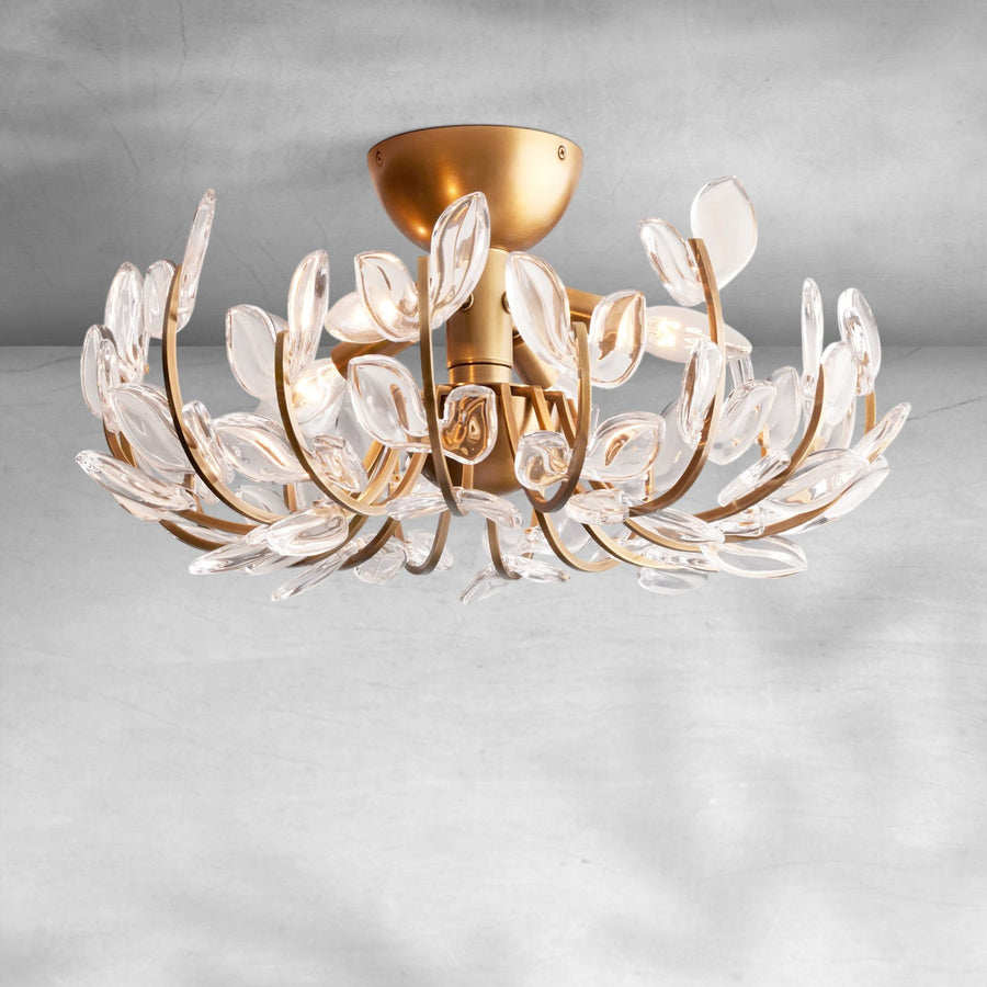 Glass Petal Cluster Brass Branch Flush Mount