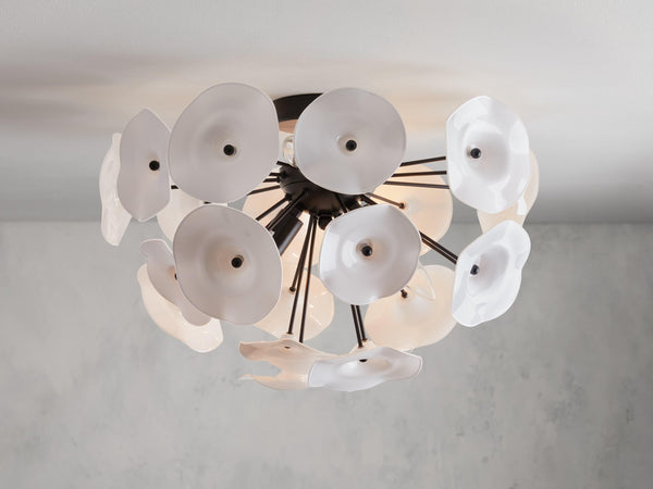 Glass Petal Lily Flush Mount with Black Iron Base