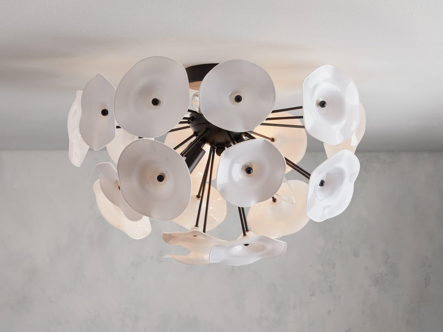 Glass Petal Lily Flush Mount with Black Iron Base