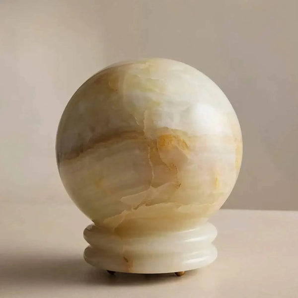 Glowing Onyx Sphere and Brass Table Lamp