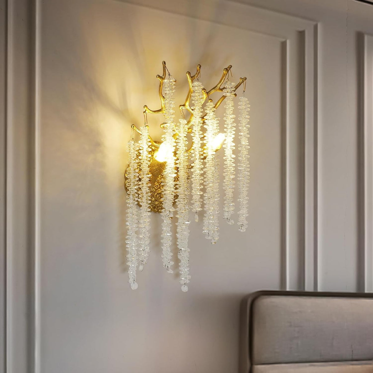 Gold Aluminum Branch Wall Sconce with Hanging Crystals