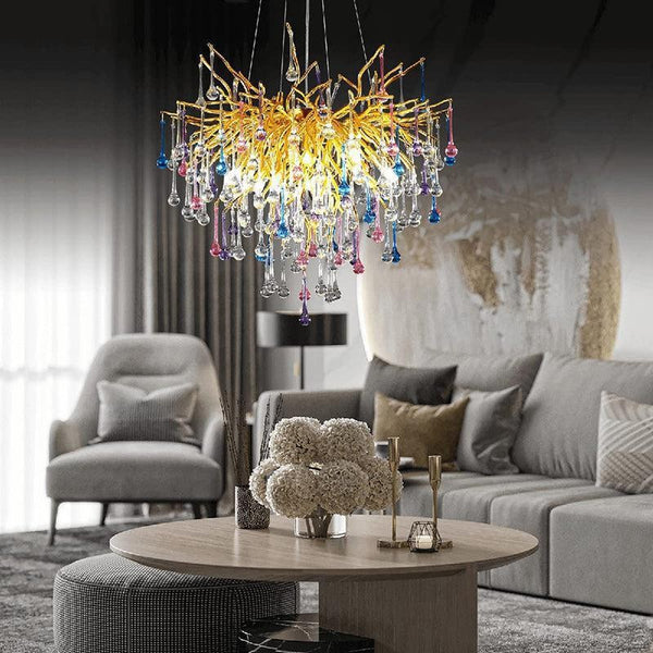 Gold Branch Chandelier with Colored Crystal Droplets