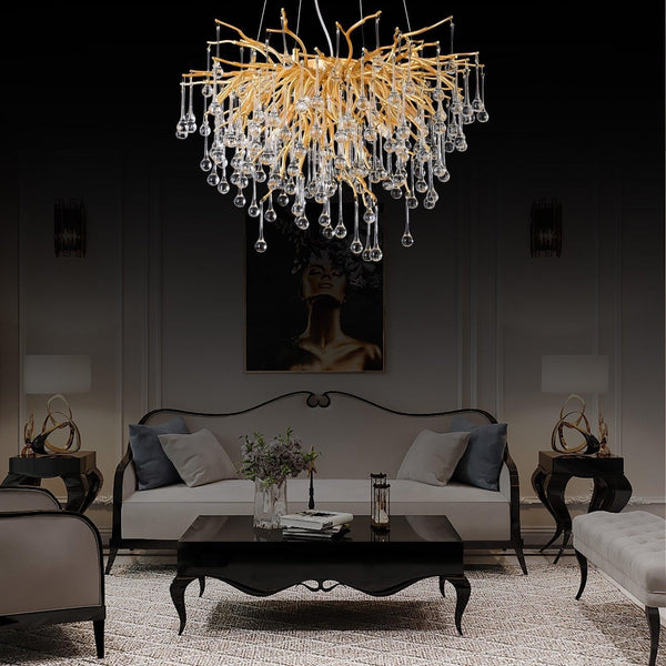 Gold Branch Chandelier with Hanging Crystal Beads