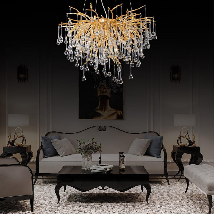 Gold Branch Chandelier with Hanging Crystal Beads