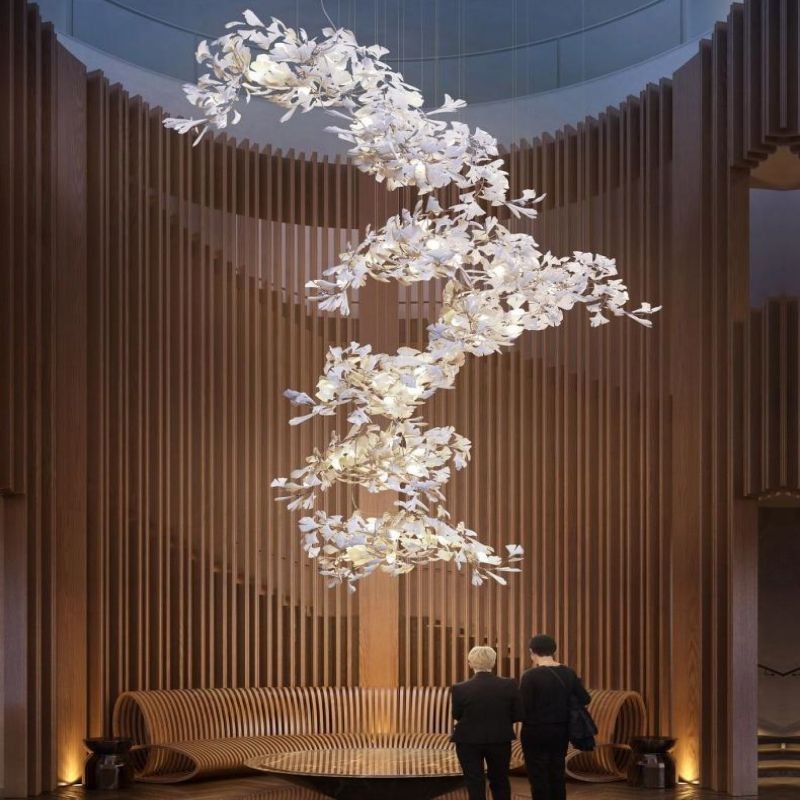 Gold Branch Chandelier with Porcelain Ginkgo Leaves