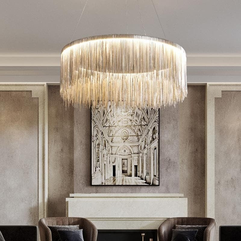 Gold Ring Chandelier with Draped Aluminum Chains