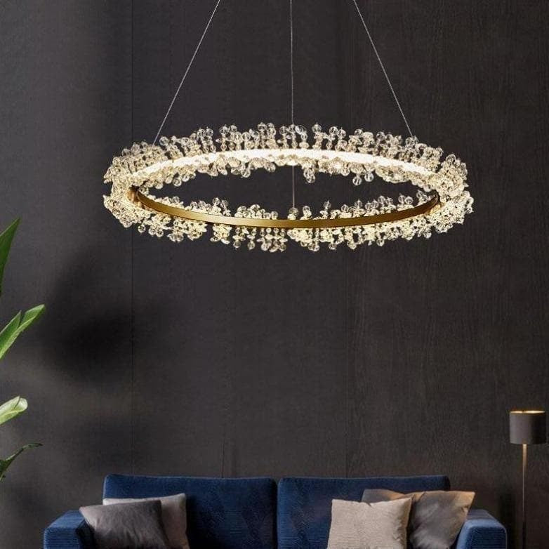 Gold Ring Chandelier with Hanging Crystal Pendants