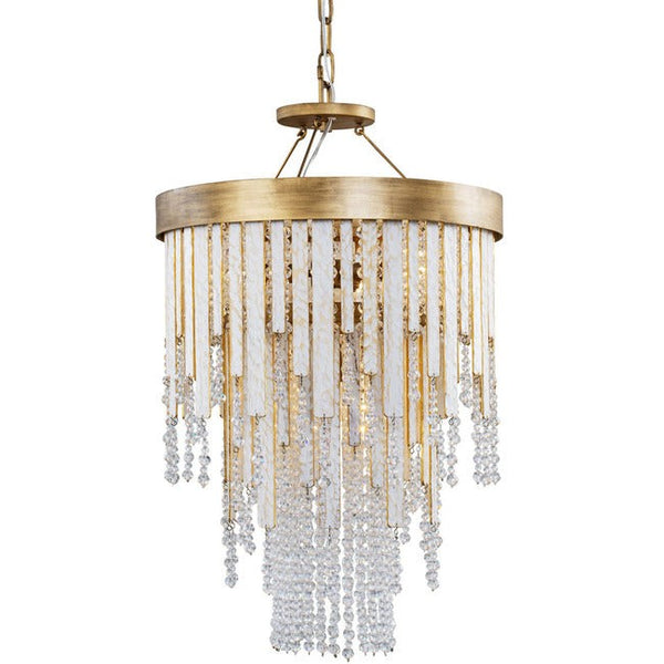 Gold Steel and Carved Wood Crystal Chandelier